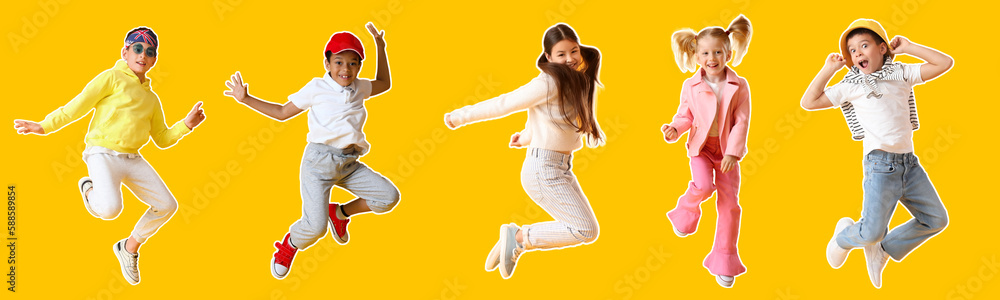 Set of jumping little children on yellow background