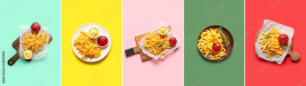 Group of tasty french fries with ketchup and mayonnaise on color background, top view