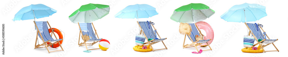 Collage of deck chairs with umbrellas and beach accessories on white background