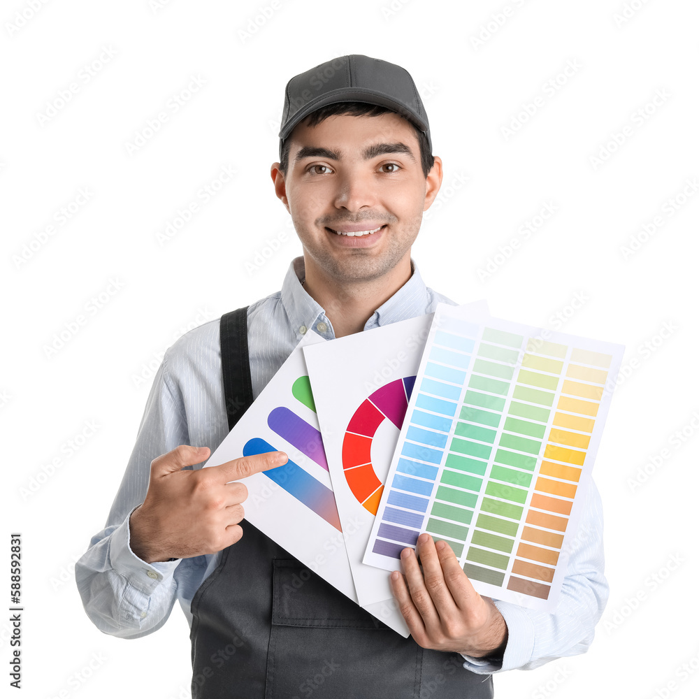 Male painter with color palettes on white background