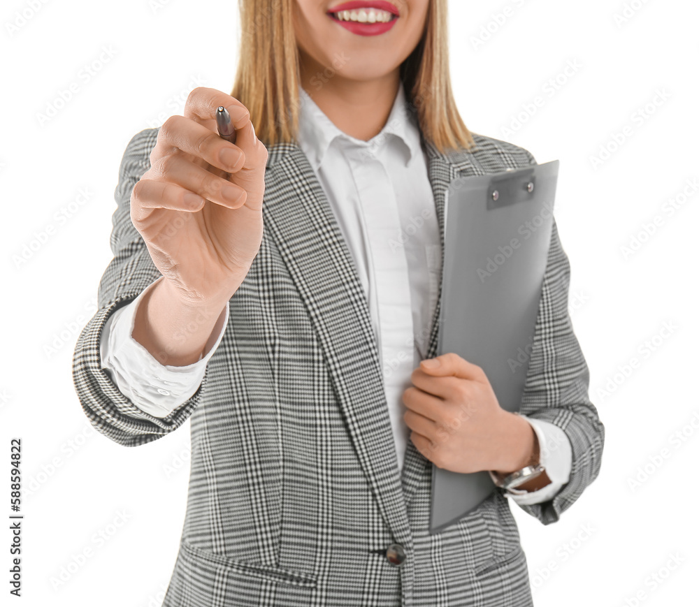 Female business consultant with pen and clipboard on white background, closeup