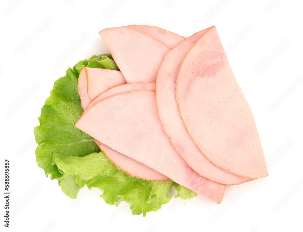 Tasty slices of ham and lettuce isolated on white background