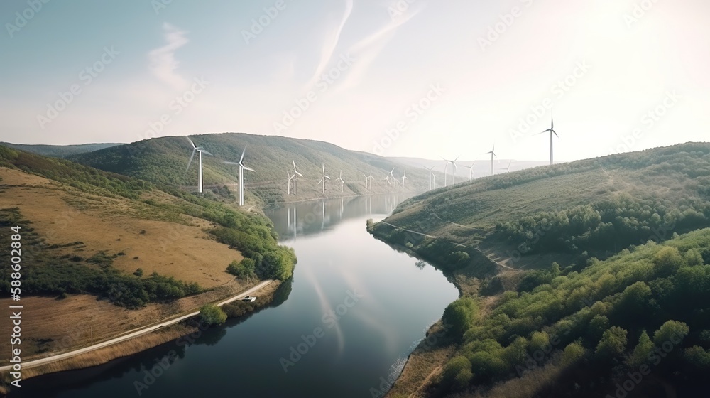 Wind turbines on landscape with green hills and river. Renewable energy concept. Generative AI