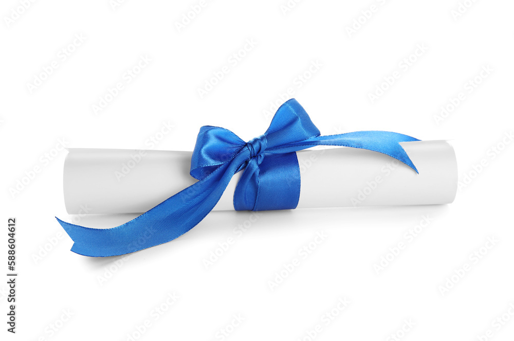 Diploma with blue ribbon isolated on white background