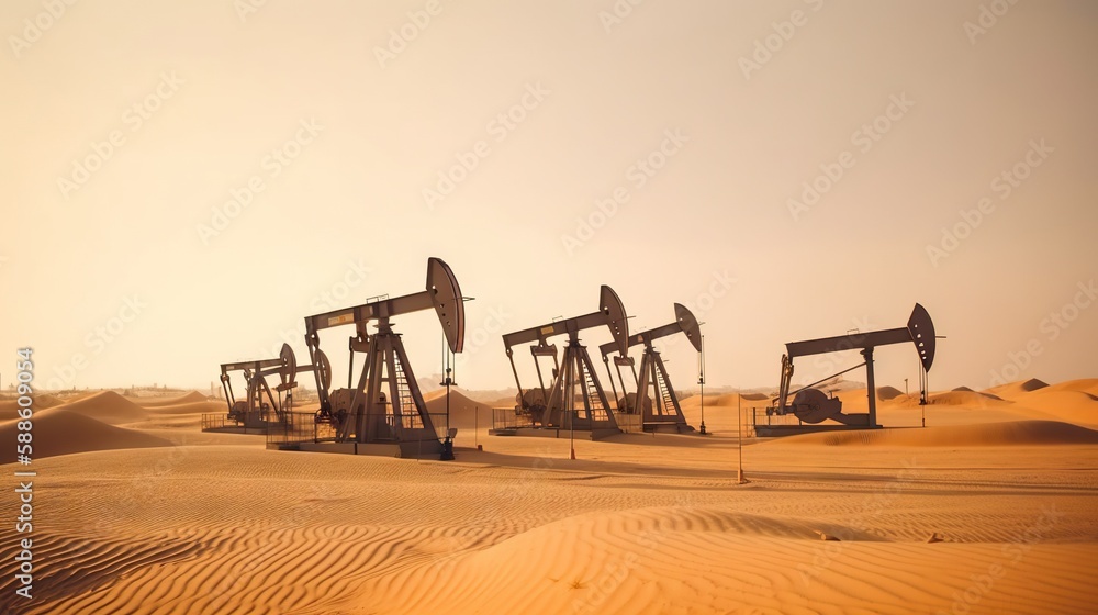 Working oil pumps in desert place. Natural resources industry. Oil rig in dunes. Generative AI