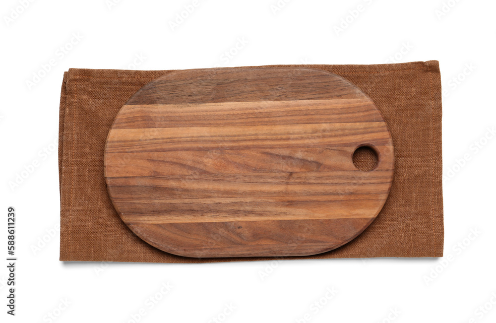 Wooden kitchen board and napkin on white background