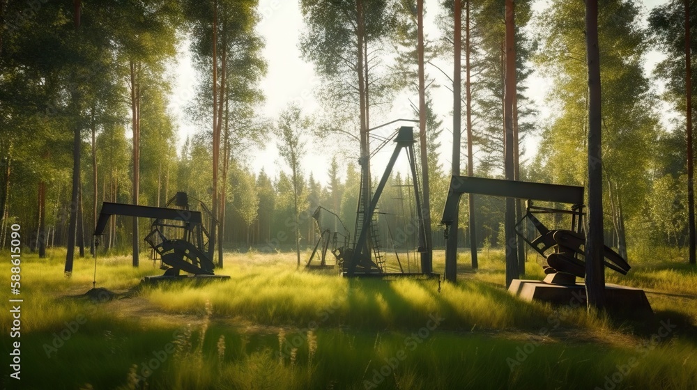 Oil rig in forest. Fir trees and oil pumps. Generative AI