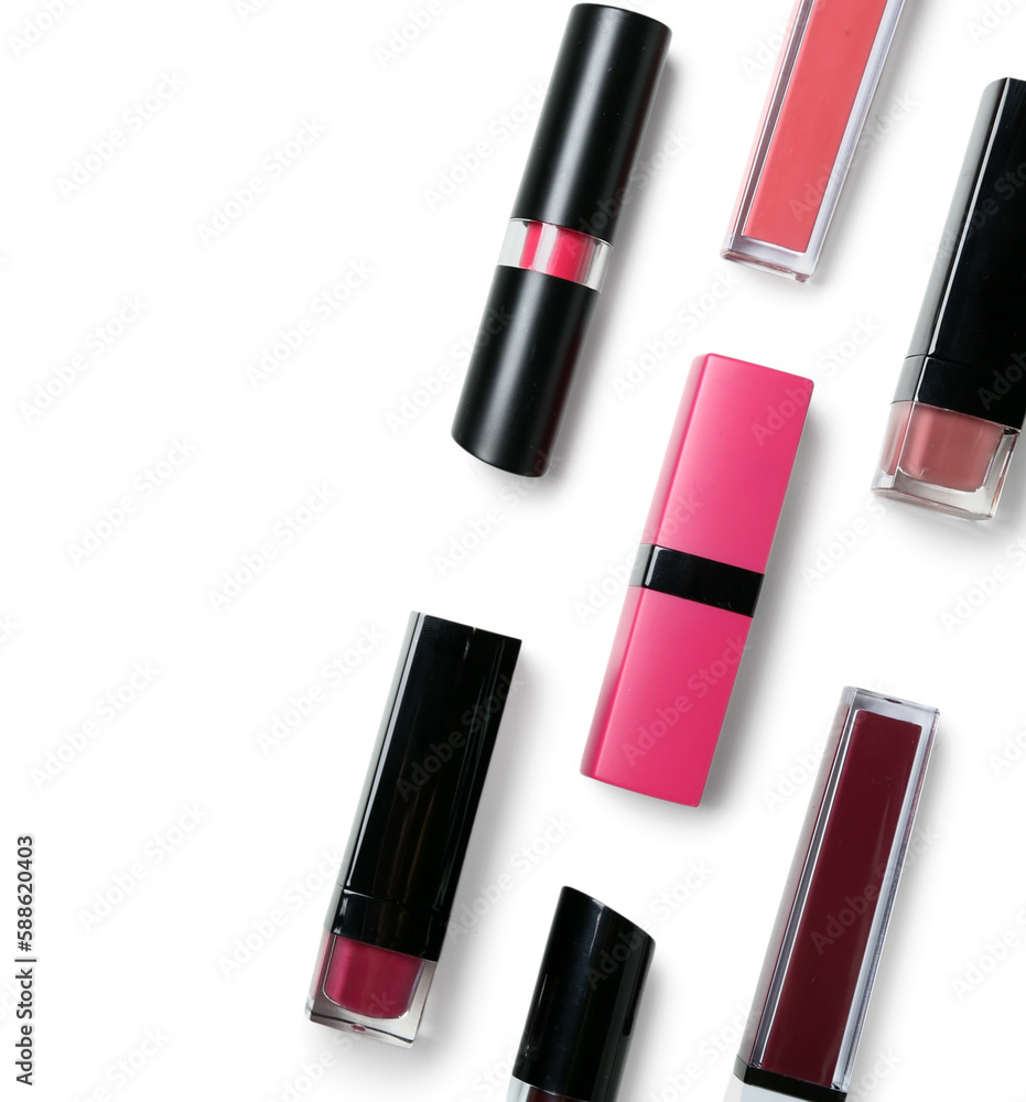 Composition with different lipsticks on white background