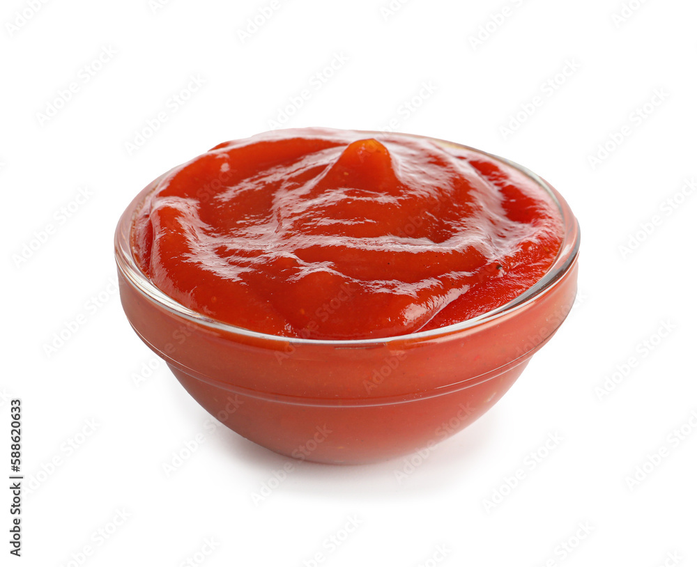 Bowl of tasty ketchup isolated on white background