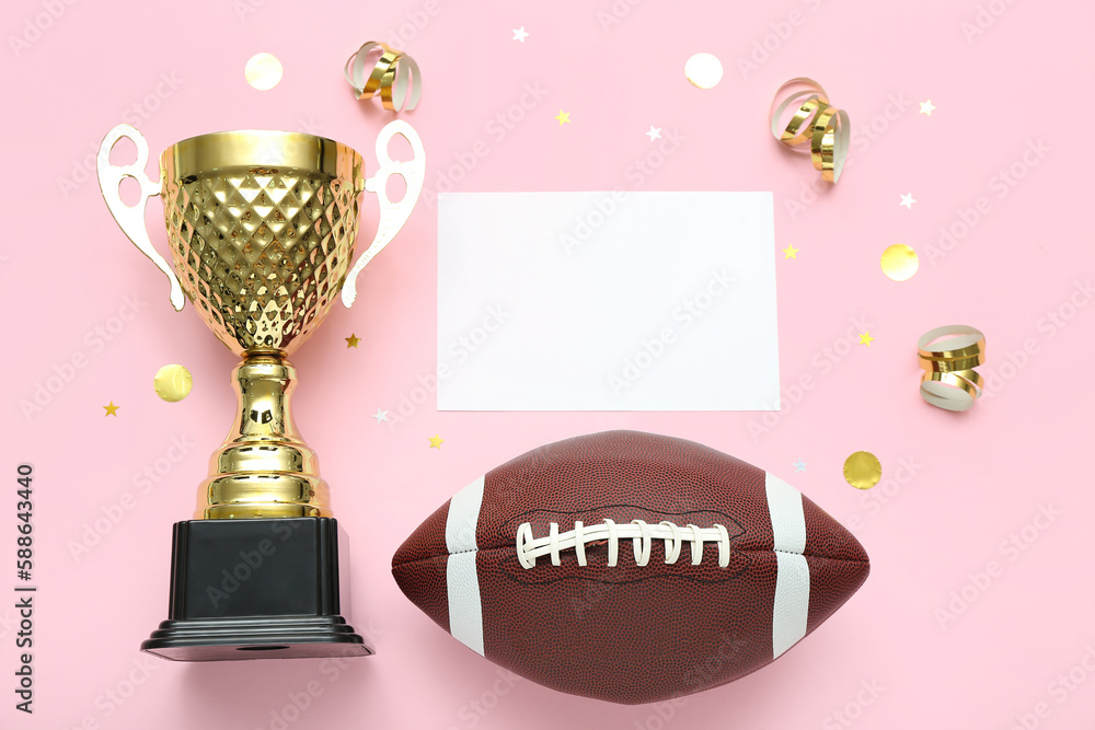 Blank card with gold cup, rugby ball and confetti on pink background