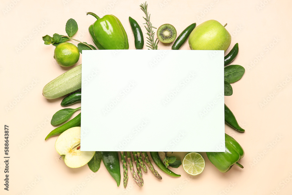 Composition with different fresh vegetables, fruits and blank paper sheet on beige background