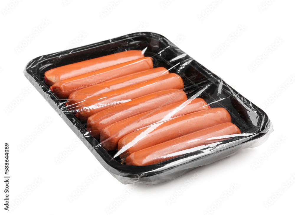 Packing box with tasty sausages on white background