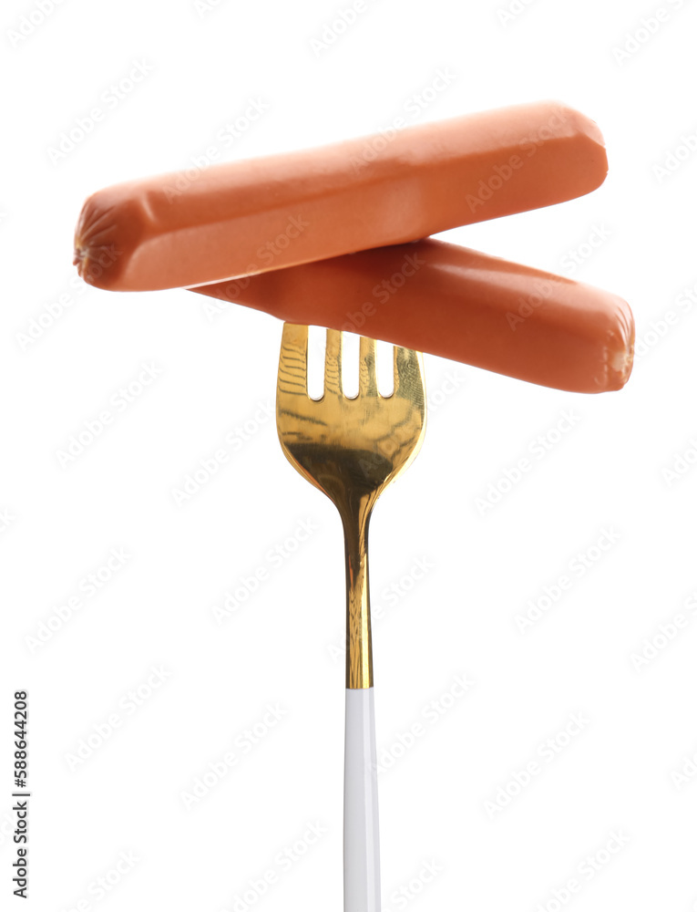 Fork with tasty sausages isolated on white background