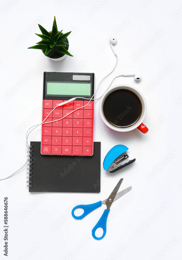 Composition with calculator, coffee, plant and scissors on white background