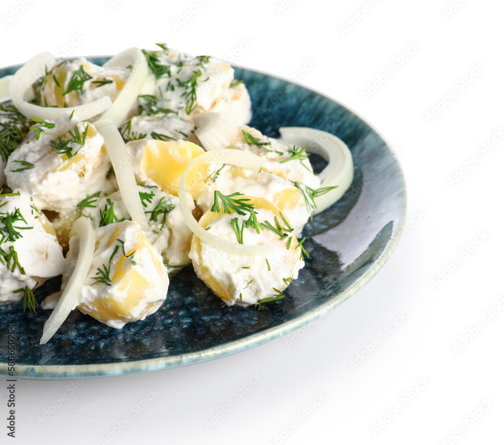 Plate of tasty Potato Salad with greens on white background, closeup