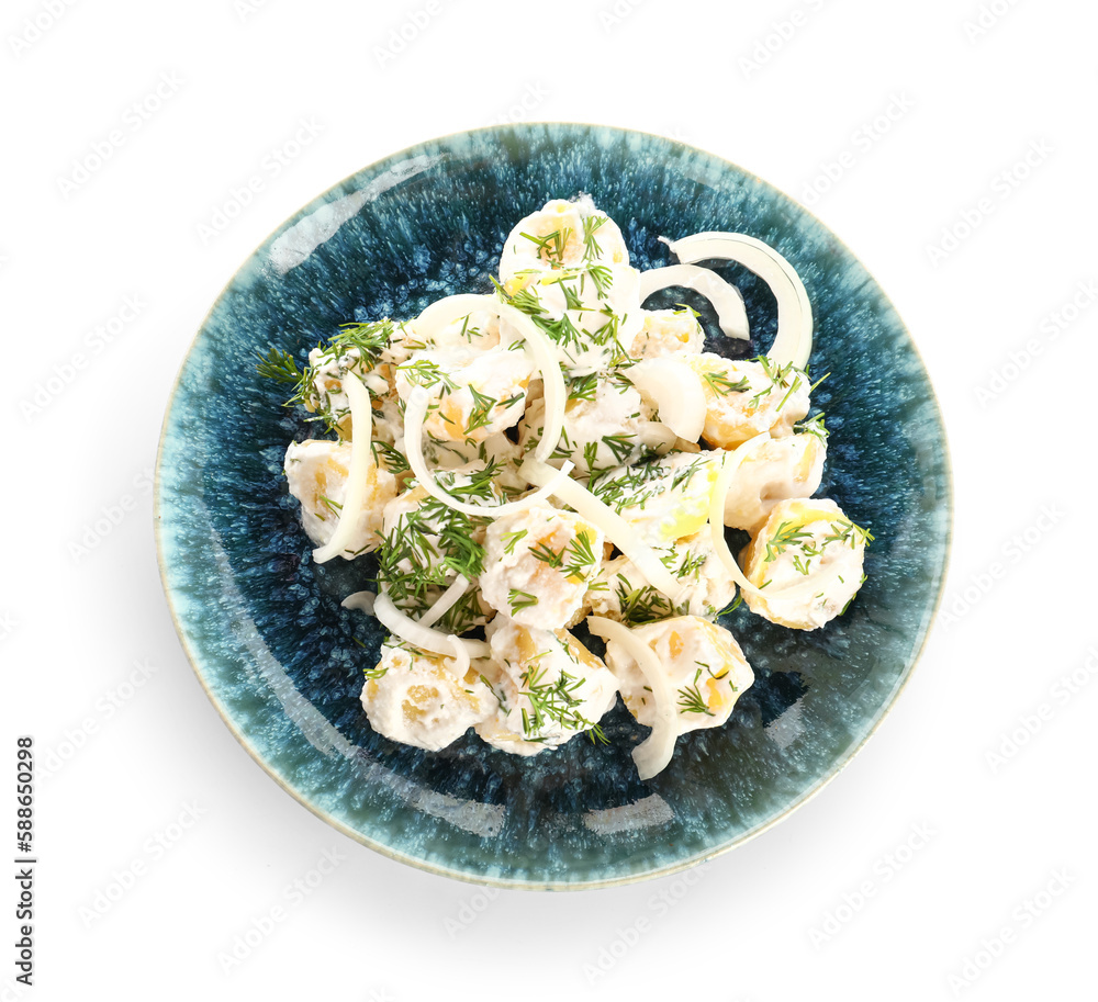 Plate of tasty Potato Salad with greens on white background