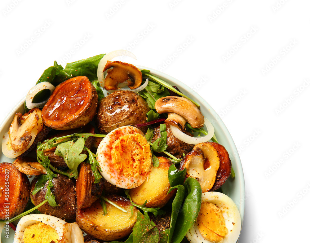 Plate of tasty potato salad isolated on white, closeup