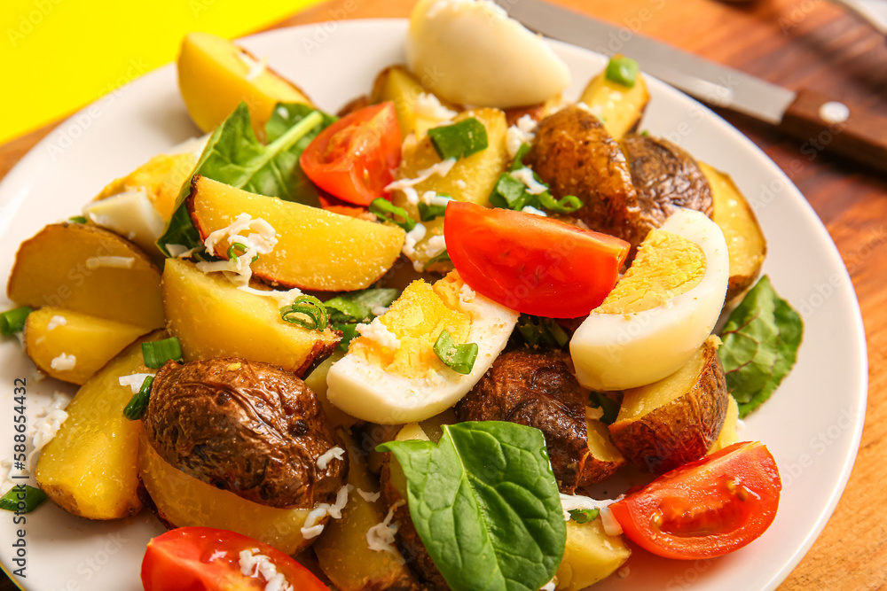 Plate of tasty potato salad with eggs and tomatoes, closeup