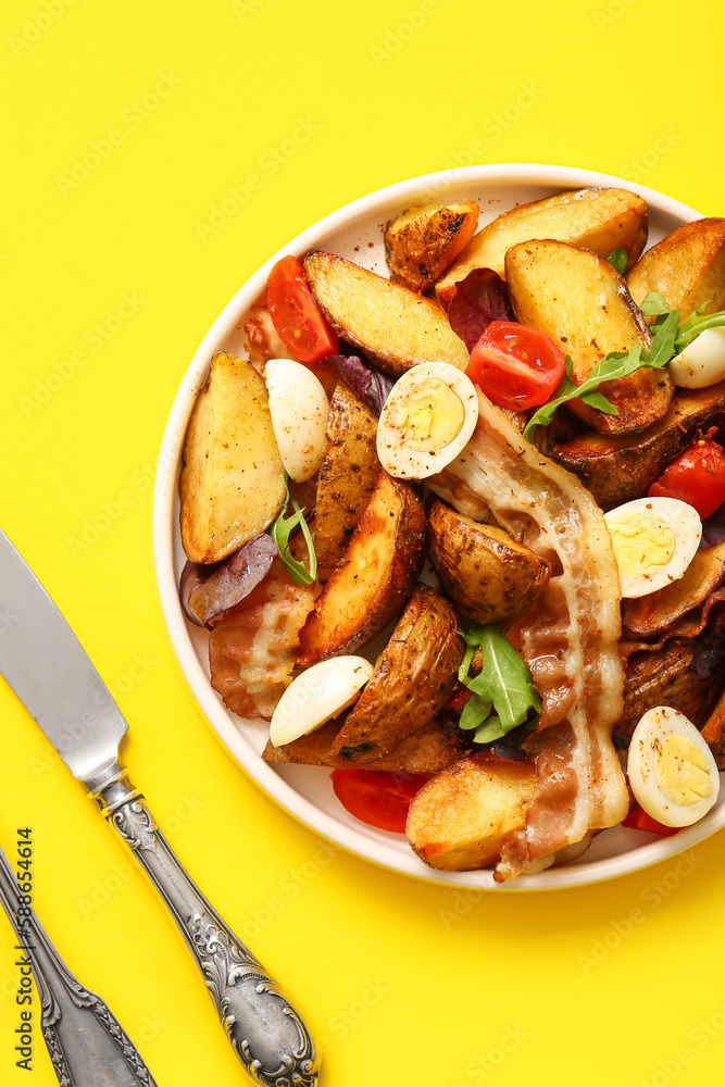 Plate of tasty potato salad with eggs, tomatoes and bacon on yellow background, top view