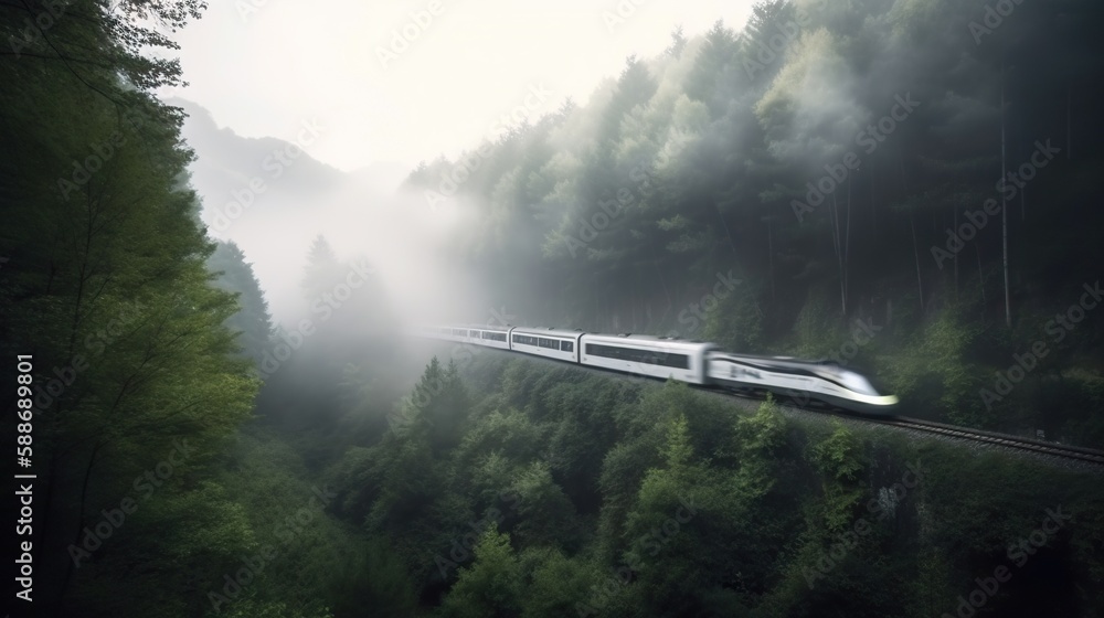 Speed passenger train moving in the mist mountains covered with forest. Generative AI