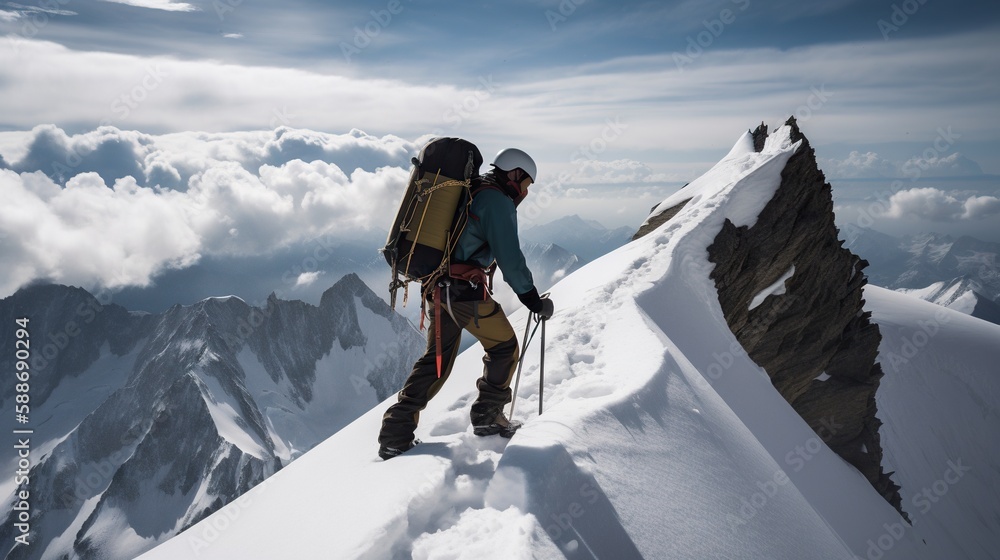 Explorer stand in front of high mountain peak winter snowy landscape. Generative AI