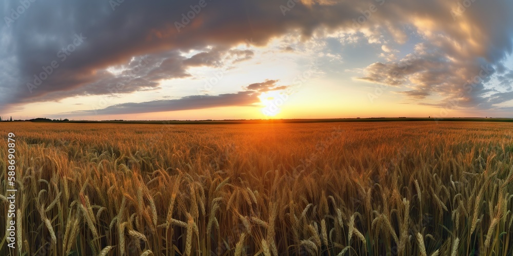 Panoramic view on field of golden ripe wheat on sunset. Generative AI