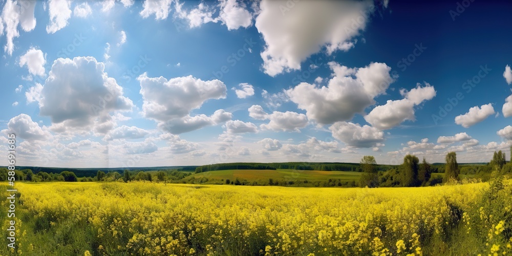 Spring flower field and blue sky with white clouds. Generative AI