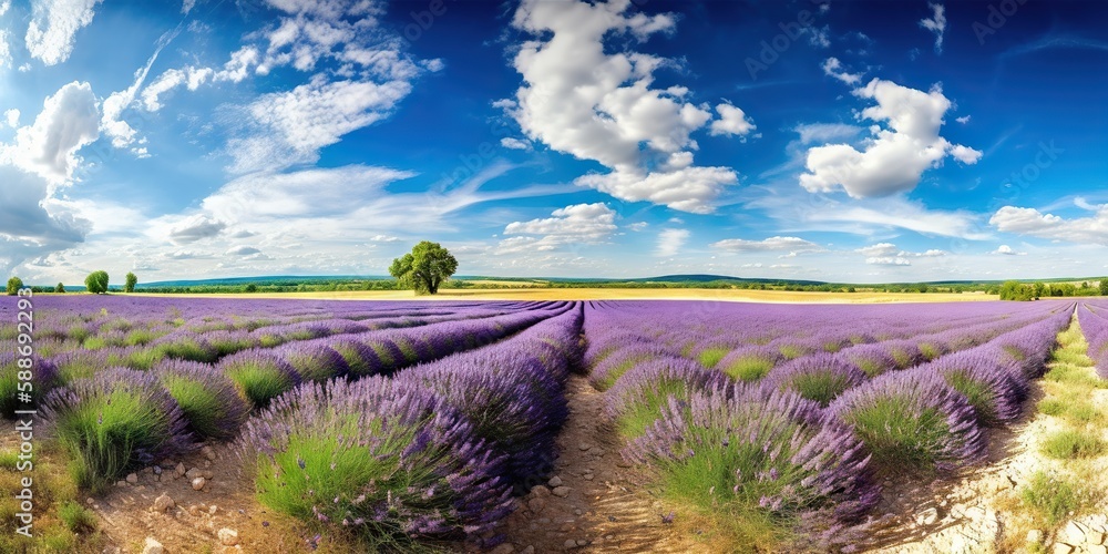 Stunning landscape with lavender field on sunny day. Generative AI