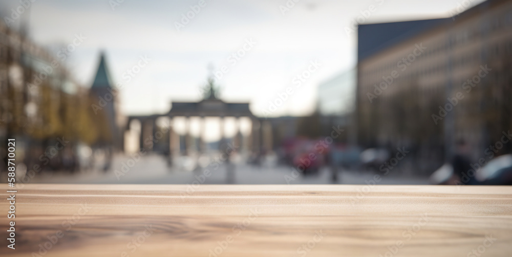 Wood table mockup with Berlin city street in shallow depth of field. Copy space for product. Generat