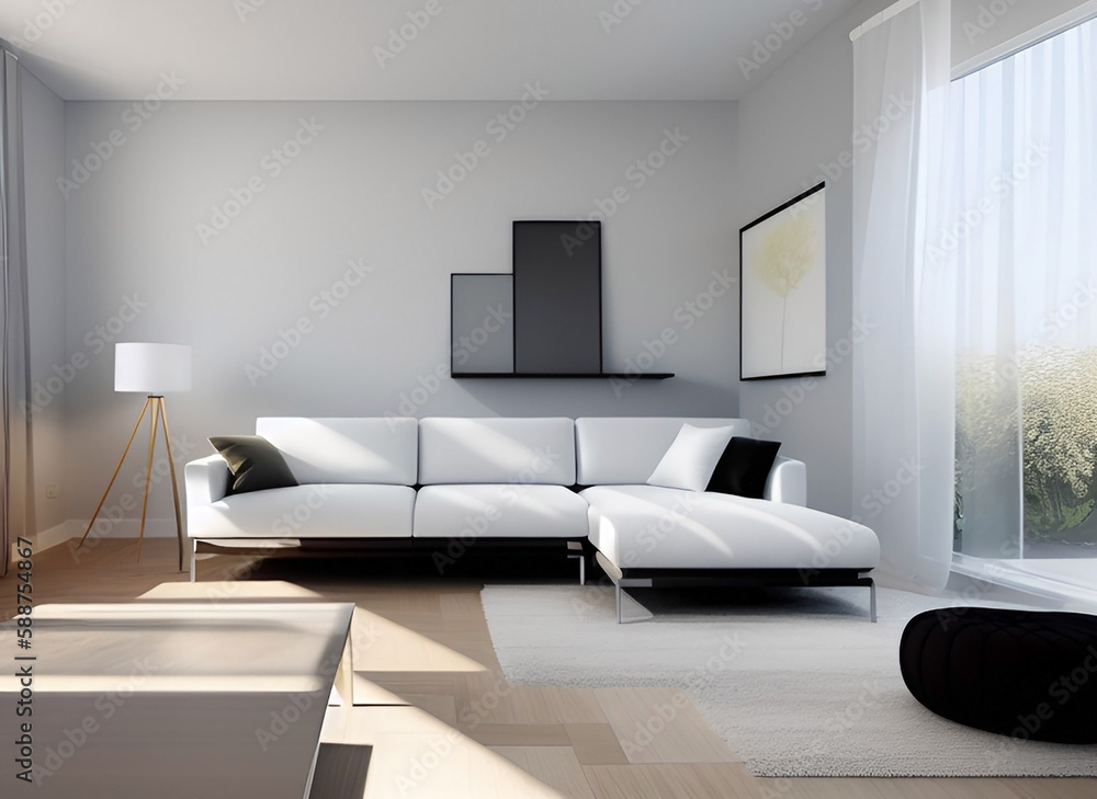 Modern minimalist interior living room with white leather sofa and decor on light background.AI gene