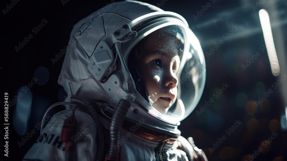 Little kid wearing spacesuit. Cosmonaut concept. Ai generated.