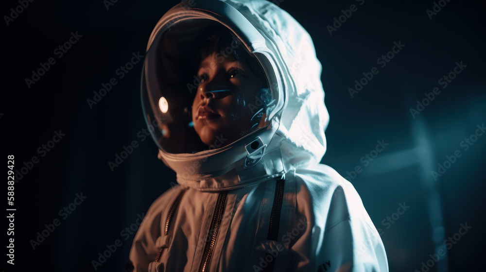 Little kid wearing spacesuit. Cosmonaut concept. Ai generated.