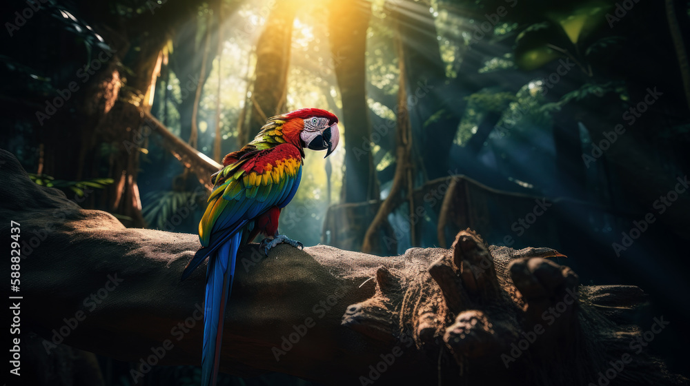 Colorful Macaw bird in forest background. ai generated.