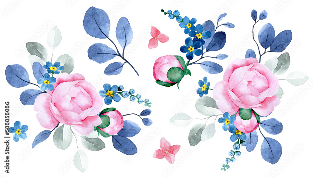 watercolor drawing. bouquet of peony flowers and eucalyptus leaves. pink flowers and blue leaves