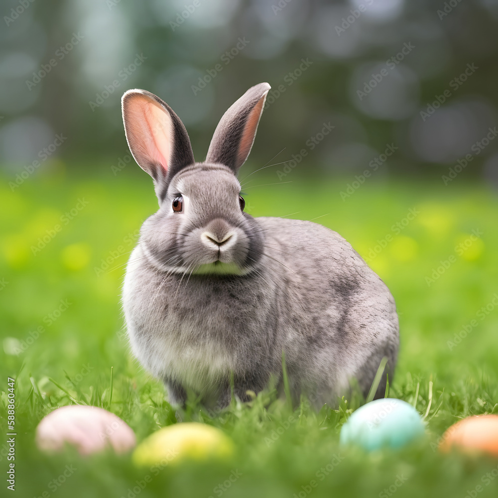 Photography of Easter bunny in green grass in front of Easter eggs