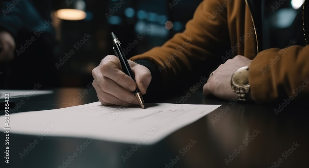 Businessman in the office signs a contract. Generative AI