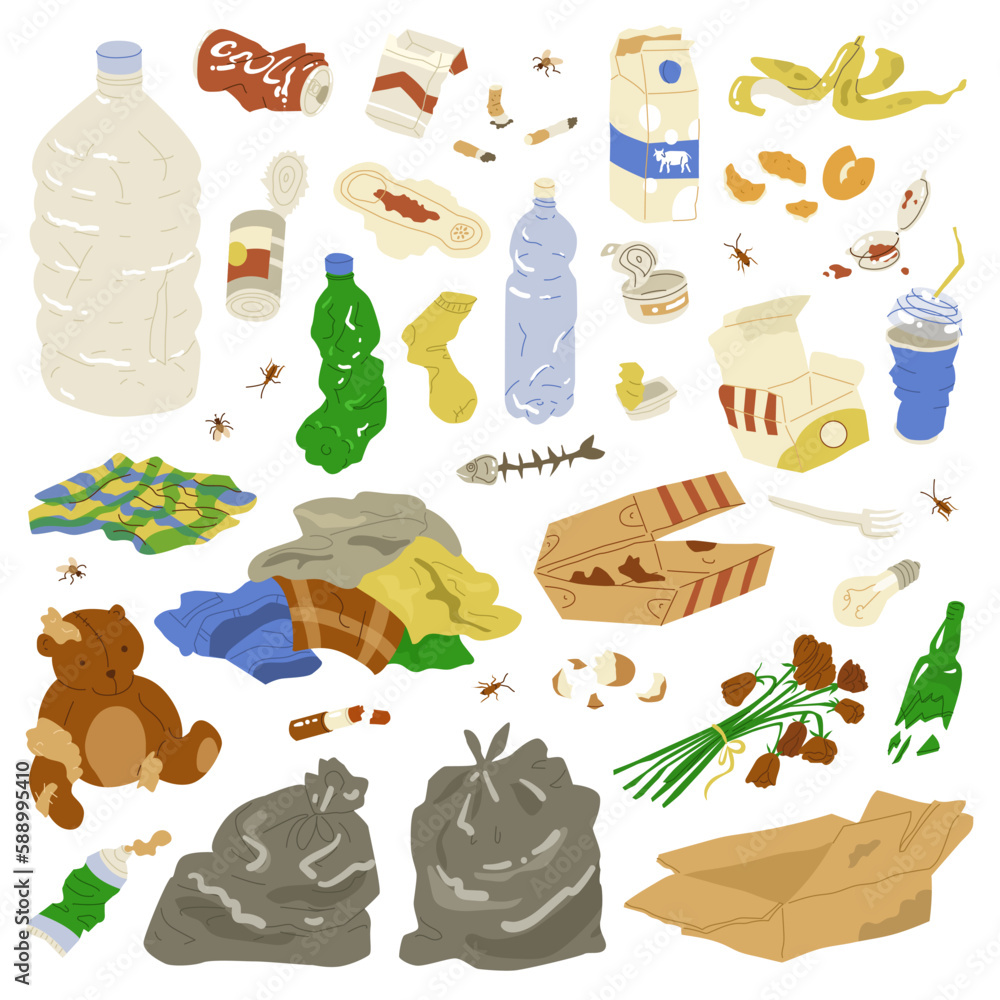 A set of items for the concept of recycling and sorting garbage. Damaged things, broken bottles, rot