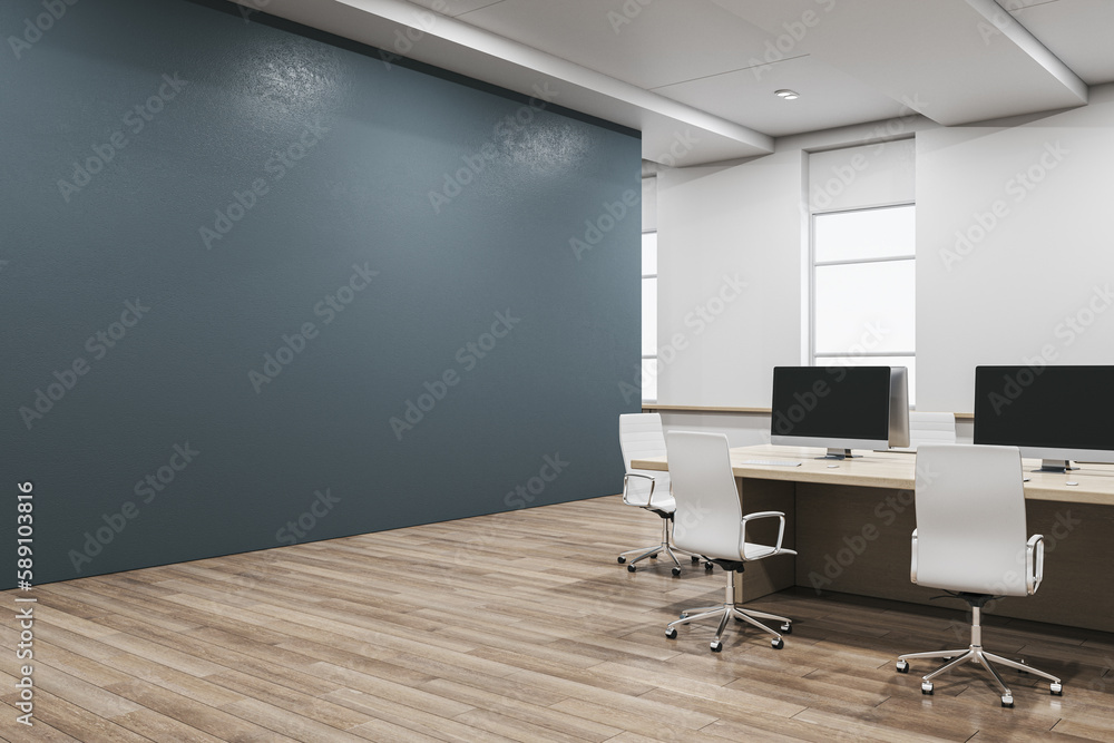 Modern concrete and wooden coworking office interior with blank mock up place on wall, furniture, eq