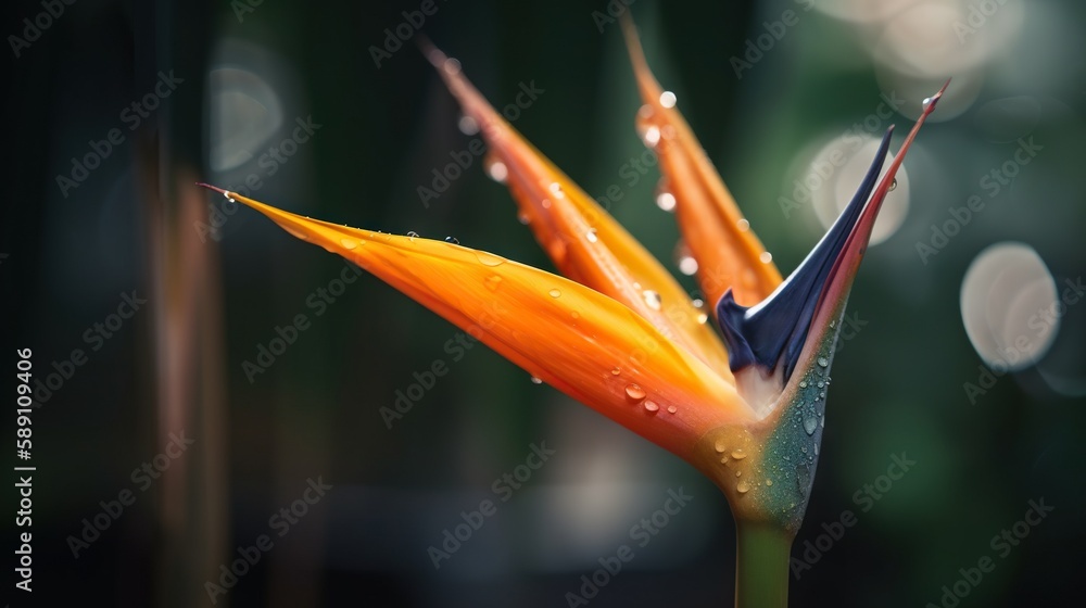 Closeup of Strelitzia reginae tropical plant leaves with rain drops. Green natural backdrop. Generat