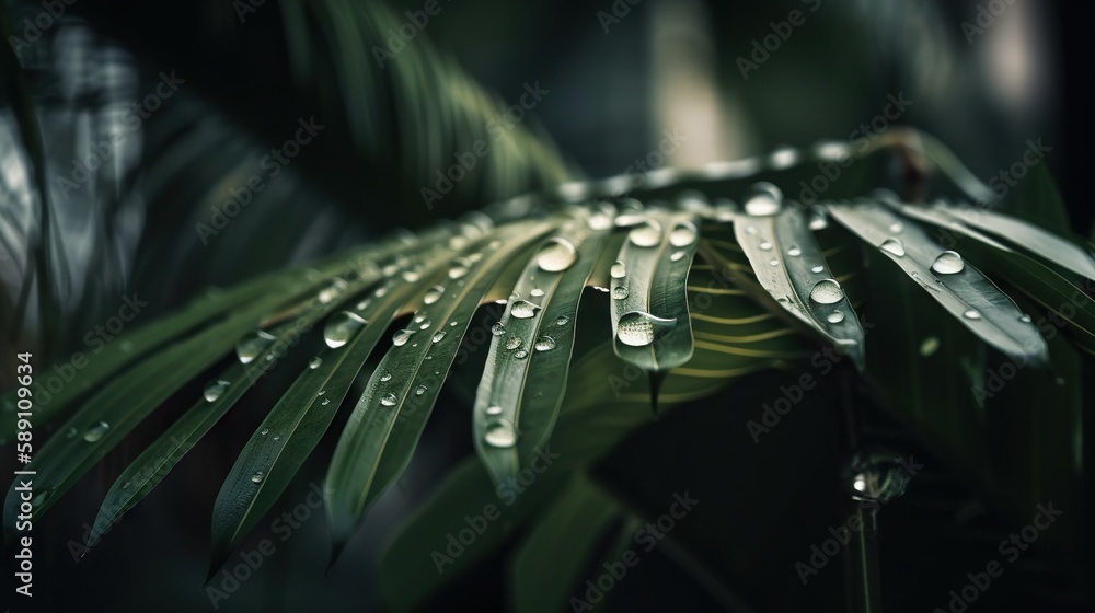 Closeup of palm tropical plant leaves with rain drops. Green natural backdrop. Generative AI