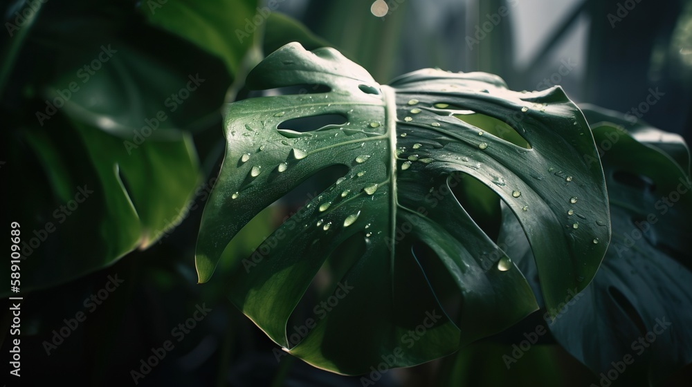 Closeup of Monstera tropical plant leaves with rain drops. Green natural backdrop. Generative AI