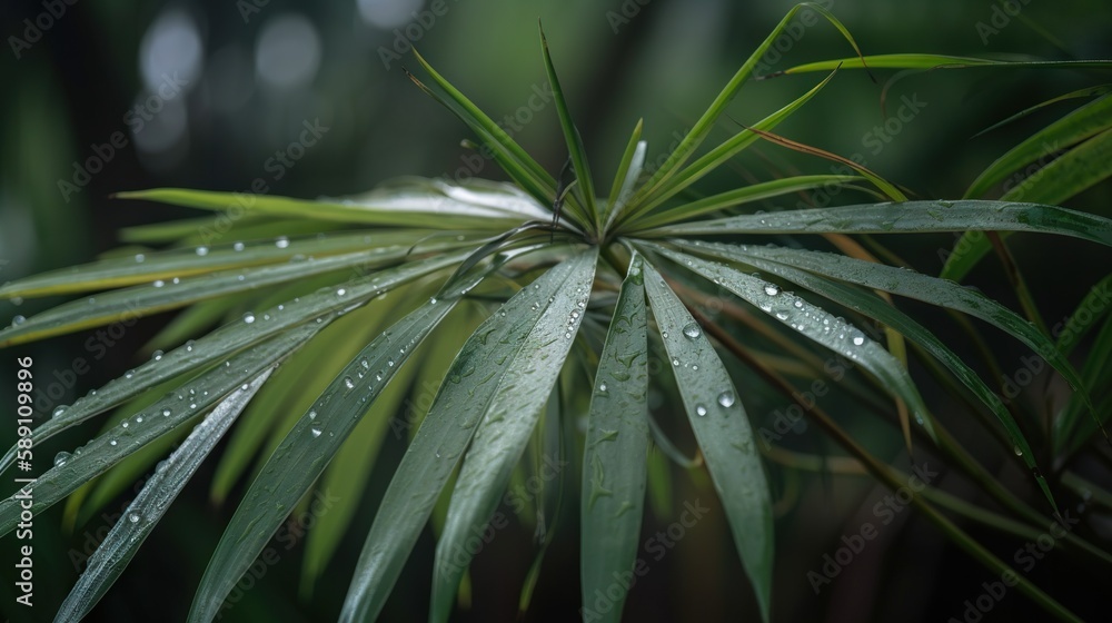 Closeup of Kentia Palm tropical plant leaves with rain drops. Green natural backdrop. Generative AI