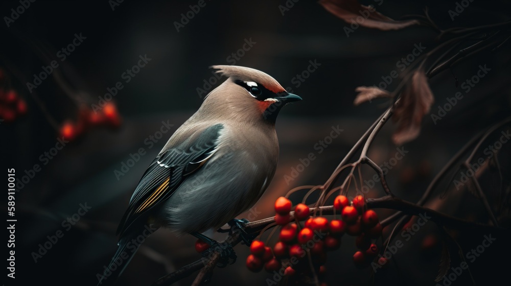 A Bohemian Waxwing bird stands on a tree branch. Generative AI