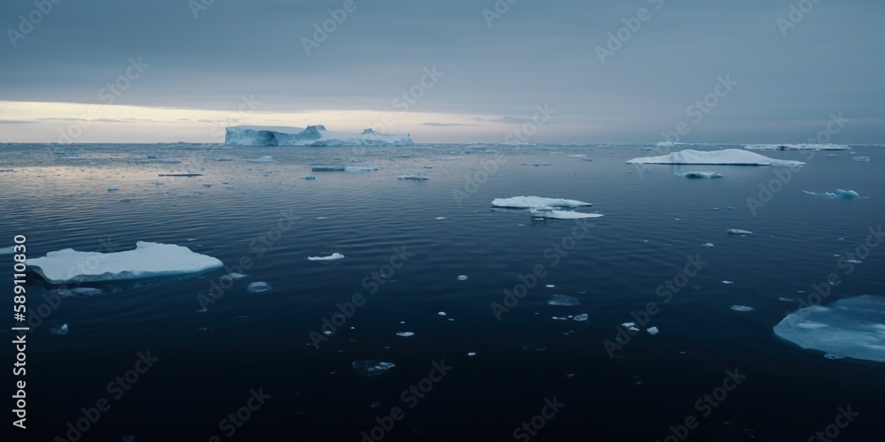 Winter sea landscape with floating ice fragments on still cold water. Generative AI