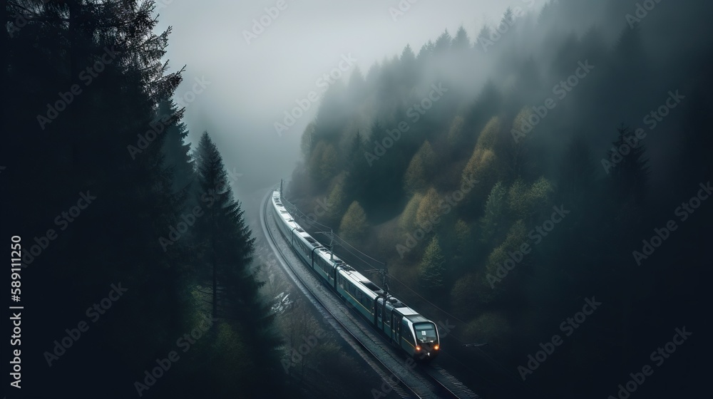 Speed passenger train moving in the night mountains covered with forest. Generative AI