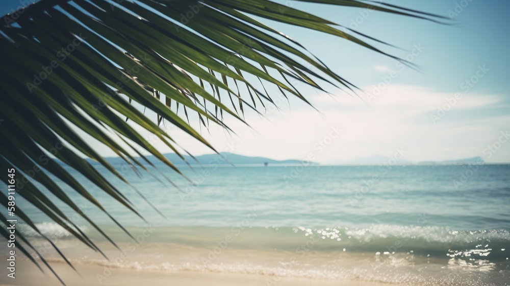 Tropical summer seascape with palm leaves, beach and paradise ocean. Vacation and travel backdrop. G