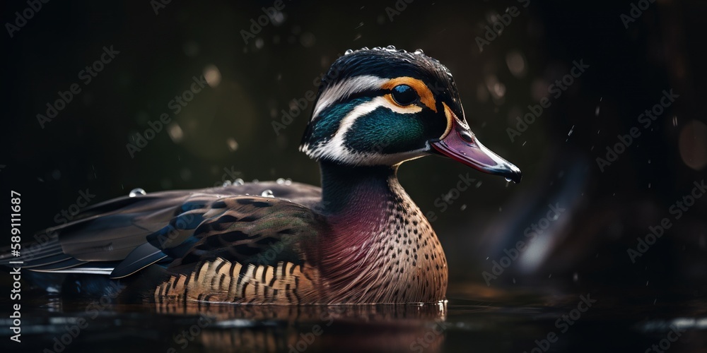 A wood duck bird portrait. Blurry background. Generative AI