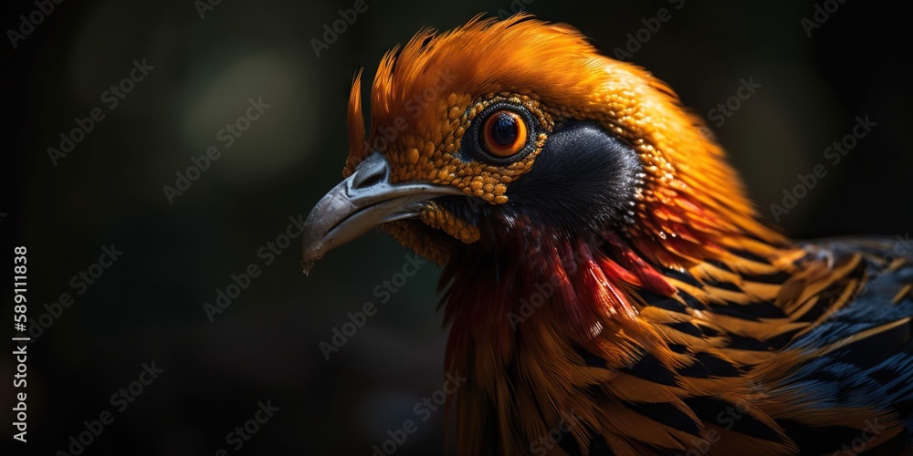 Golden pheasant close up with forest background. Generative AI