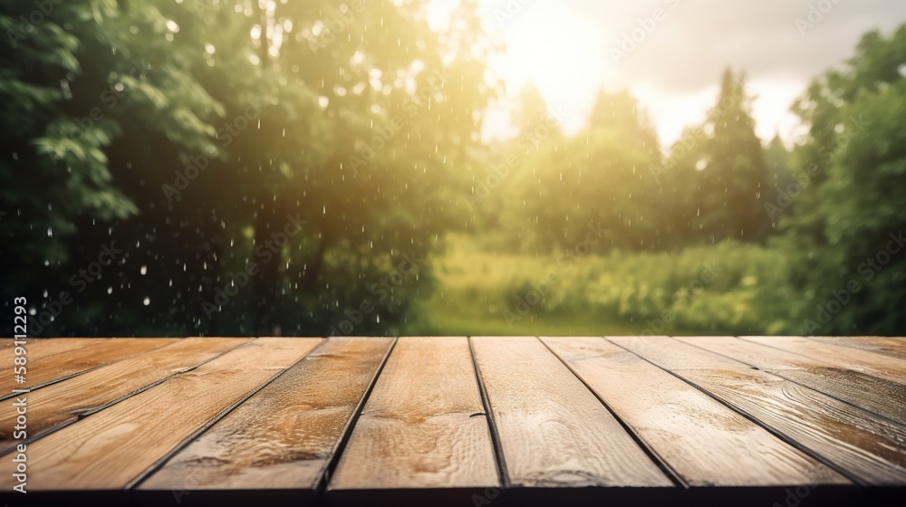 Wood table mockup with summer rain over green landscape. Empty copy space for product presentation. 