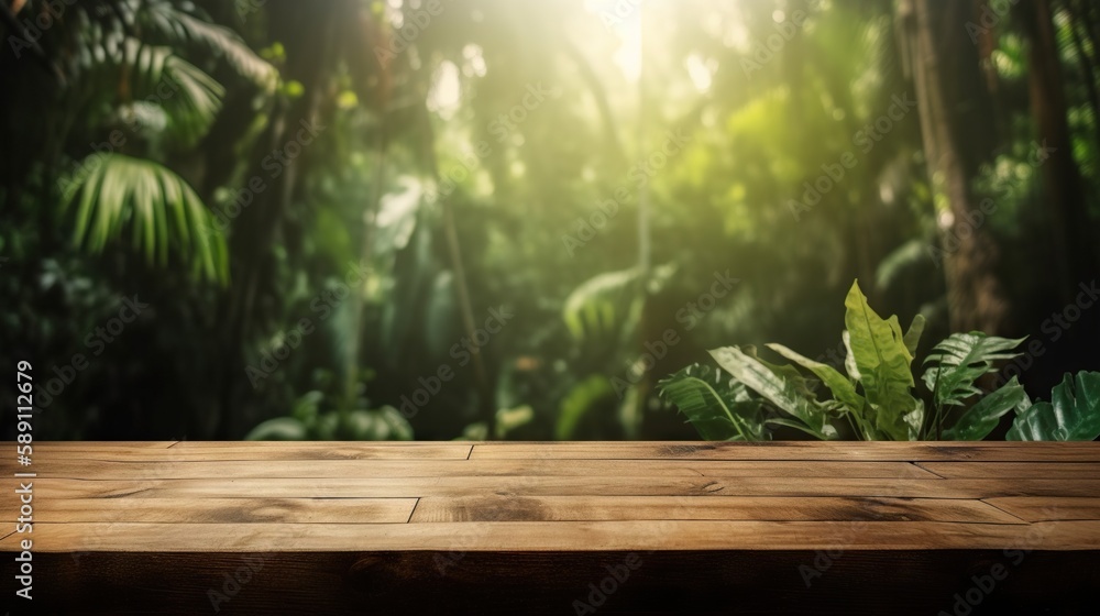 Wood table mockup with tropical jungle on background. Empty copy space for product presentation. Gen